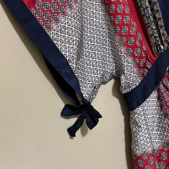 AnM Navy Blue Red Burgundy White Silky Geometric Boho Kimono Top – Size Small - Picture 3 of 5